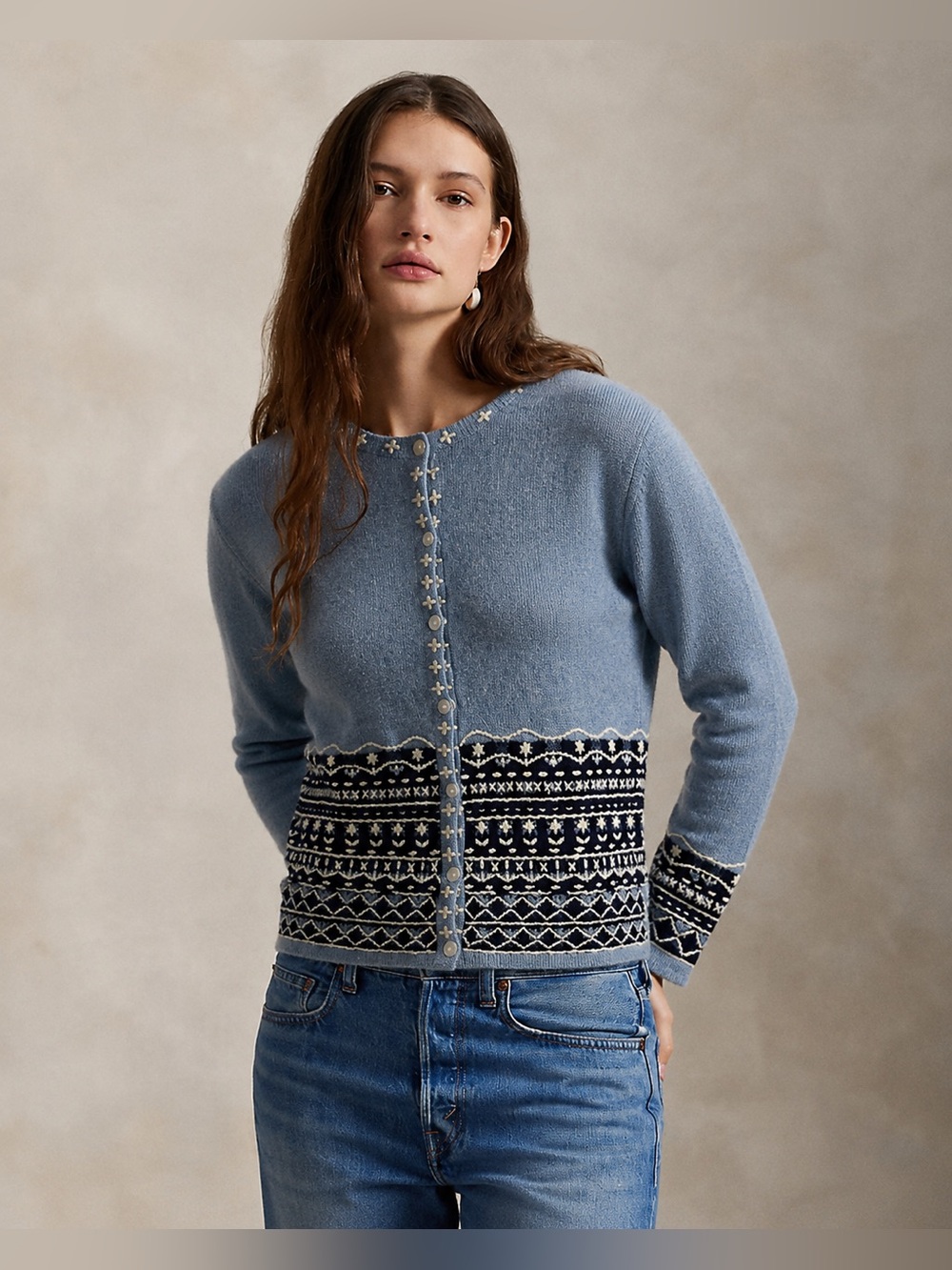 Talbots Lambswool Cardigan Blue White Sweater Embroidered Size Small *F